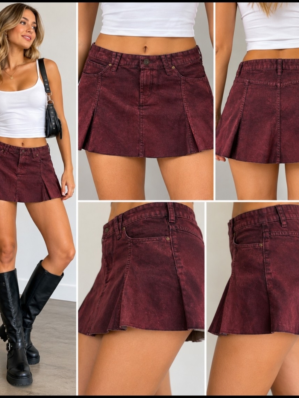 Wild Fable Burgundy Low Rise Pleated Denim Mini Skirt Size 6 NWT